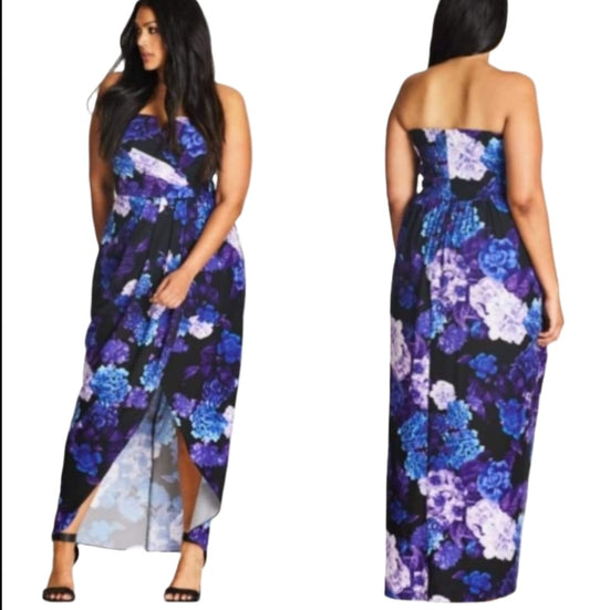 City Chic Small - Strapless Deep V Hydrangea Maxi Dress