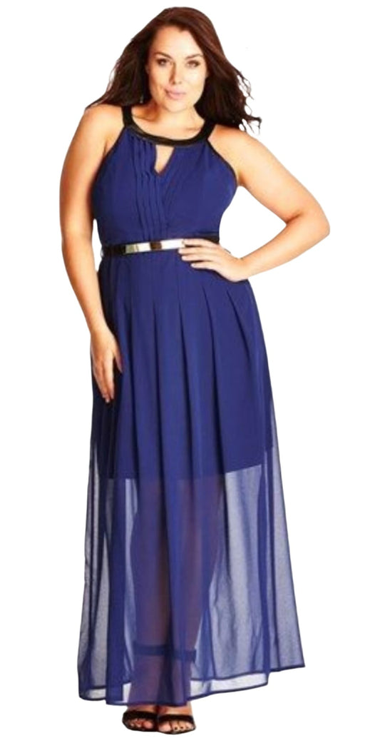 City Chic XS - Navy Chiffon Overlay Peekaboo Halter Neck Maxi Dress