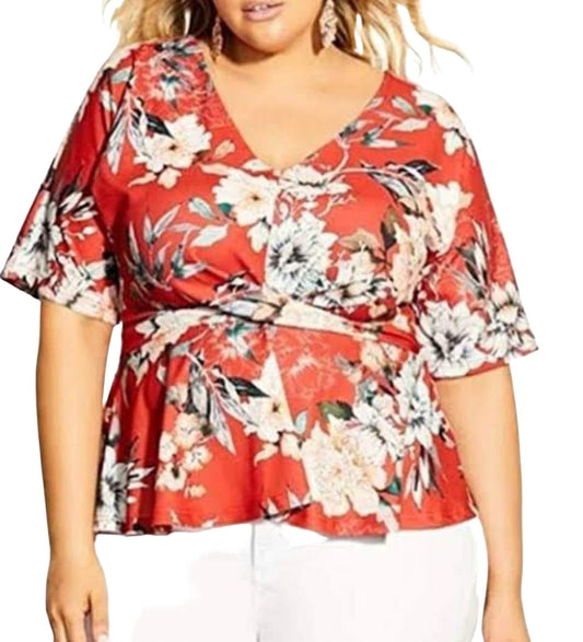 City Chic Large - Floral Knot Front Peplum Top - Brand New With Tags