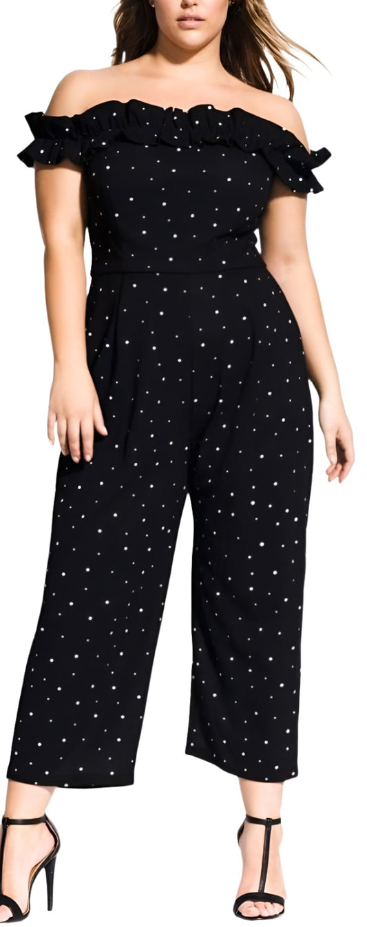 City Chic XS - Black Wide Leg Spotted Frill Off Shoulder Jumpsuit