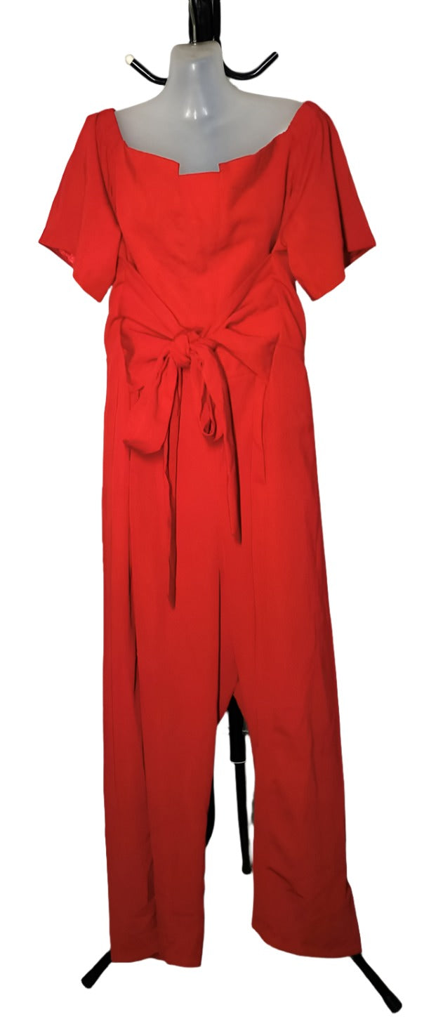 City Chic Large - Red Tie Front Off Shoulder Wide Leg Jumpsuit