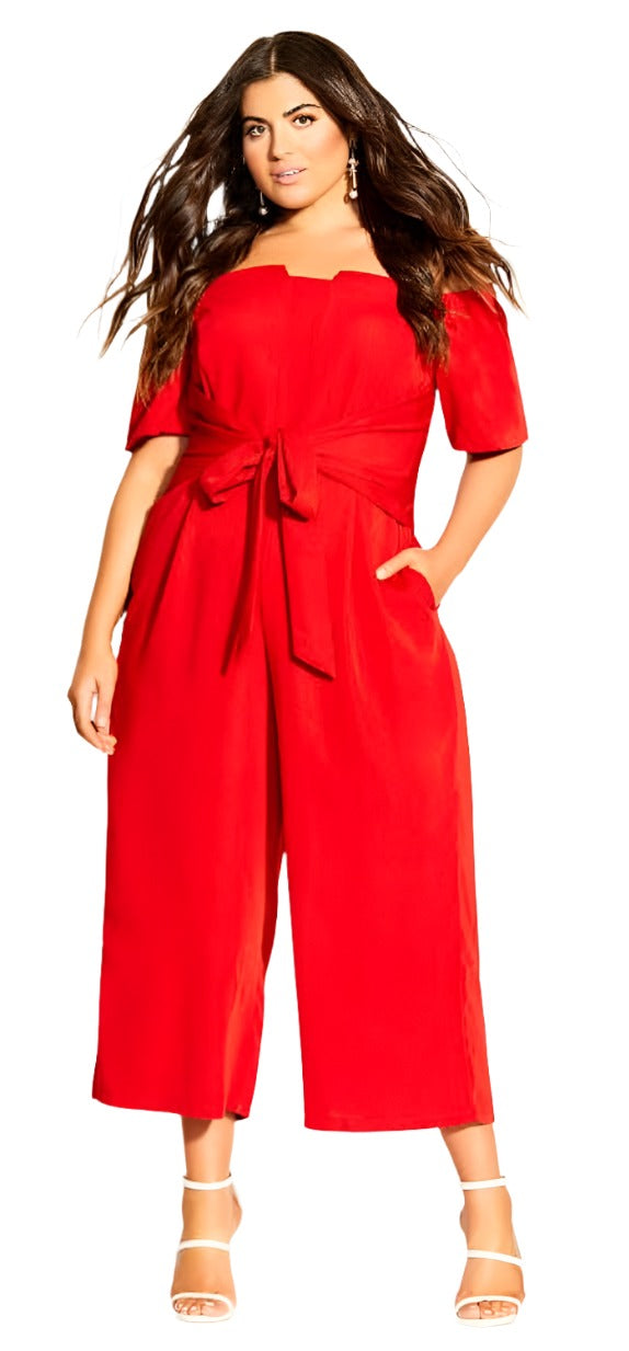 City Chic Large - Red Tie Front Off Shoulder Wide Leg Jumpsuit