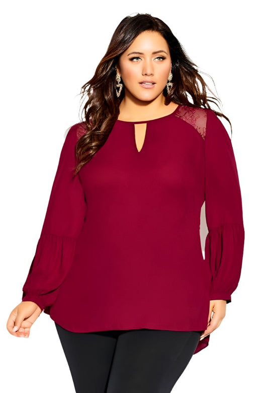 City Chic Large - Sleeved Lace Shoulder Top