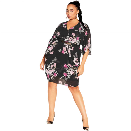 City Chic XS -  Black Floral Chiffon Faux Wrap Dress With Belt - Brand New With Tags