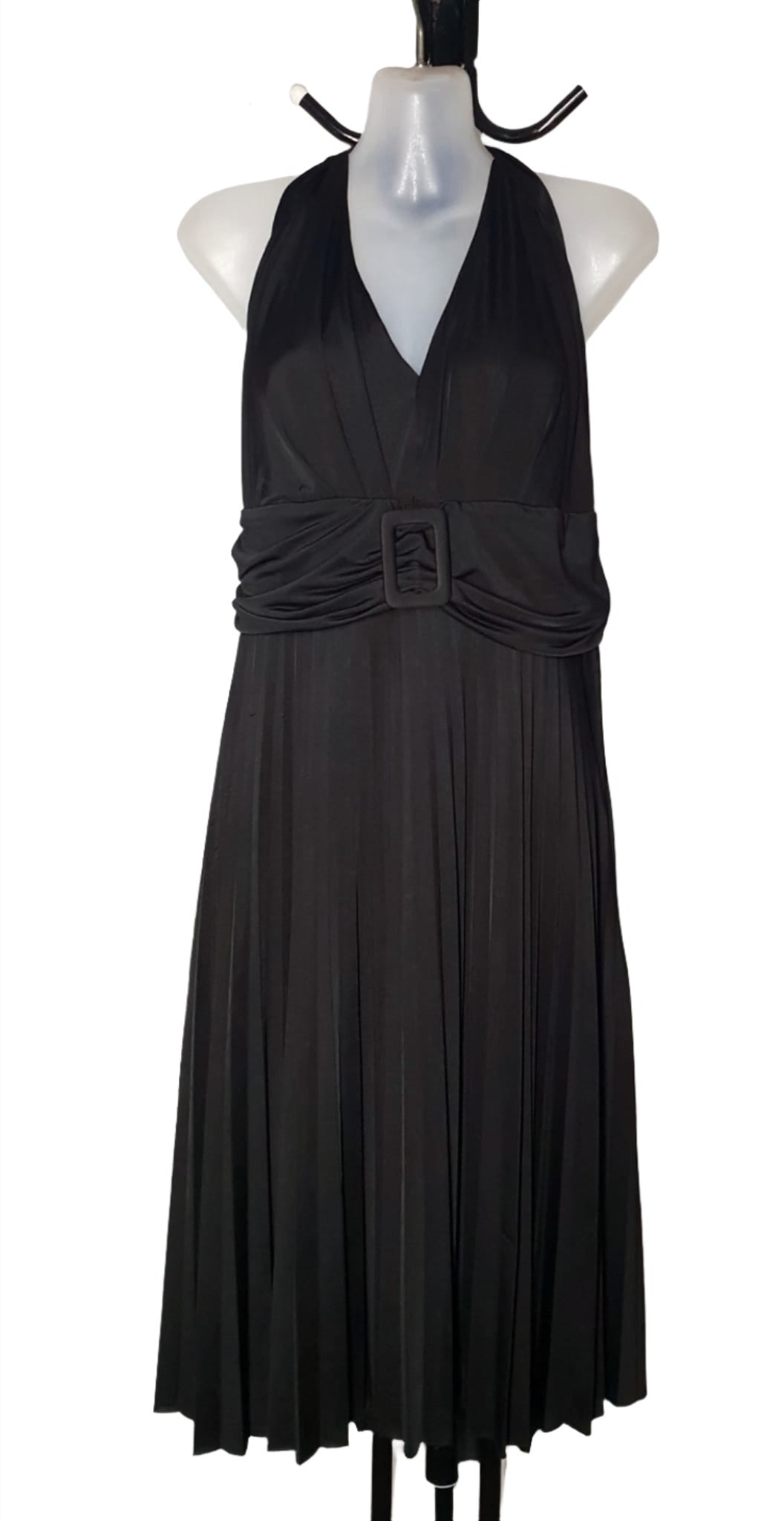 City Chic Small - Black Soft Stretchy Pleated Halter Dress With Buckle Belt Detail