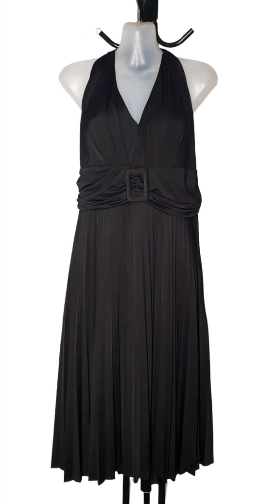 City Chic Small - Black Soft Stretchy Pleated Halter Dress With Buckle Belt Detail