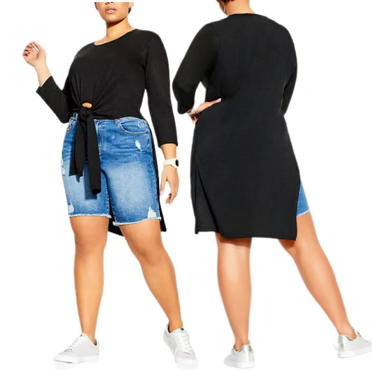 City Chic XS - Black Hi-Lo Tie Front Sleeved Top - Brand New With Tags
