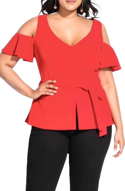 City Chic XS - Cold Shoulder V Neck Peplum Top With Tie