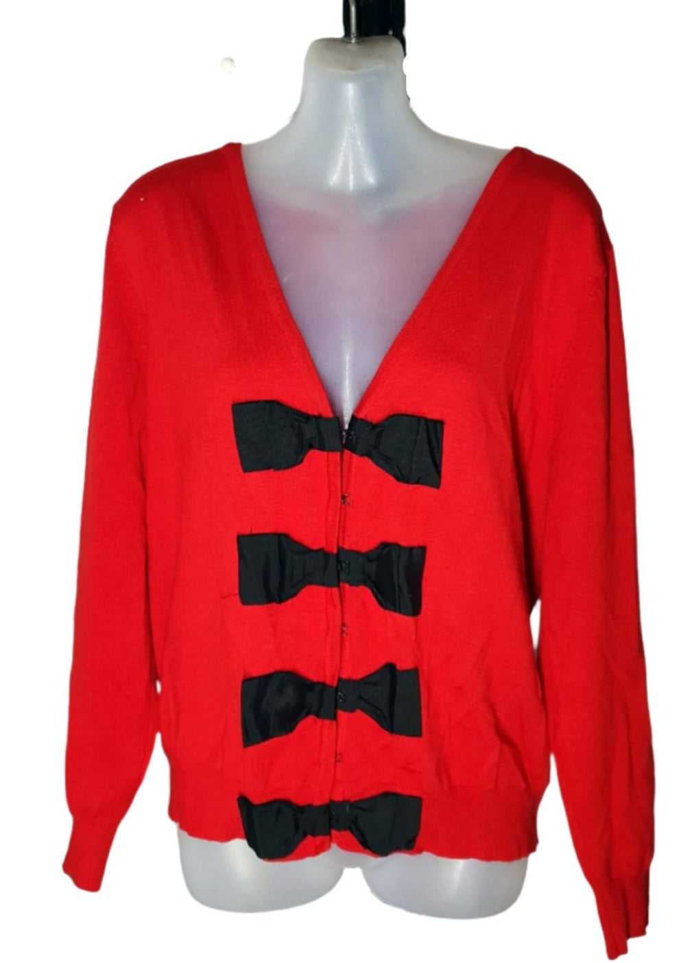 City Chic Small - Red Stretchy Cardigan With Black Bows