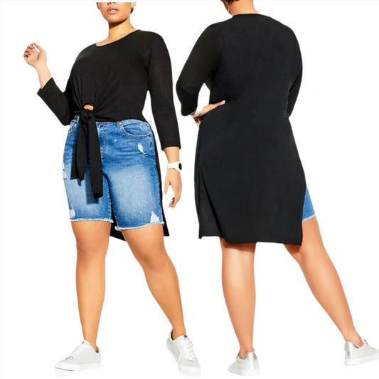 City Chic Small - Black Hi-Lo Sleeved Tie Front Top - Brand New With Tags