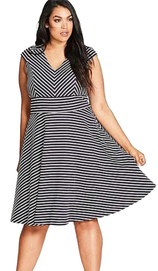 City Chic XS - V Neck Striped Fit And Flare Dress