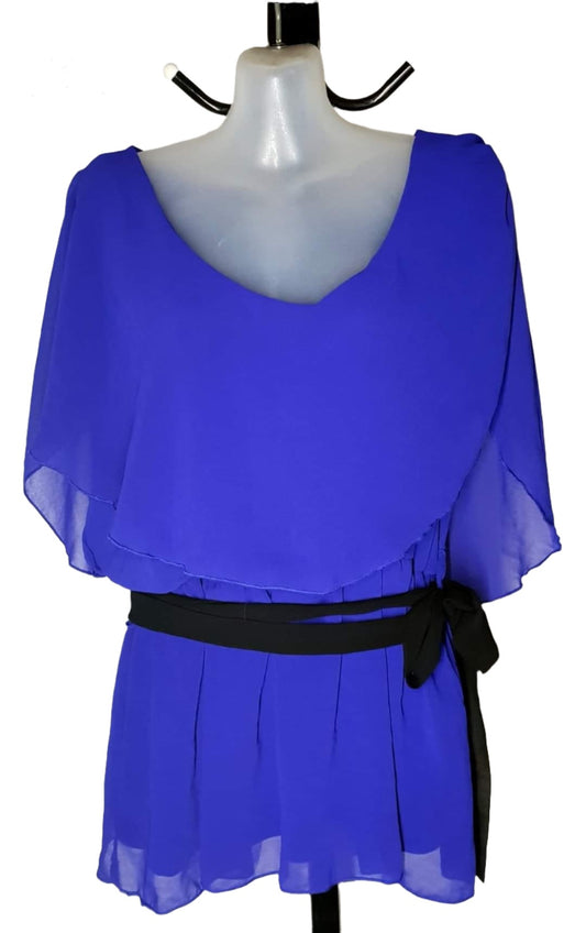City Chic Small - Blue Chiffon Frill Top With Black Tie