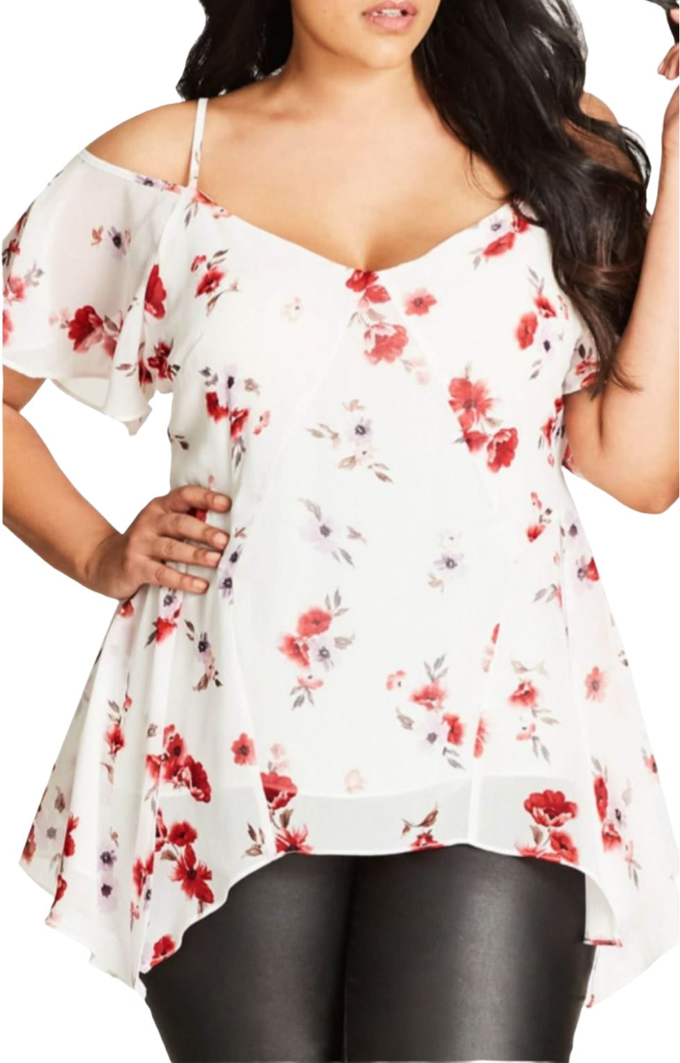 City Chic Medium - White Floral Chiffon Cold Shoulder Top