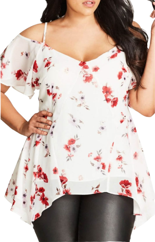 City Chic Medium - White Floral Chiffon Cold Shoulder Top