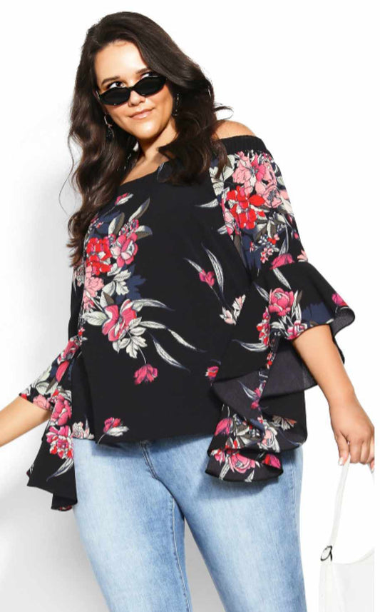 City Chic Medium - Misty Floral Romantic Exaggerated Sleeve Off Shoulder Top