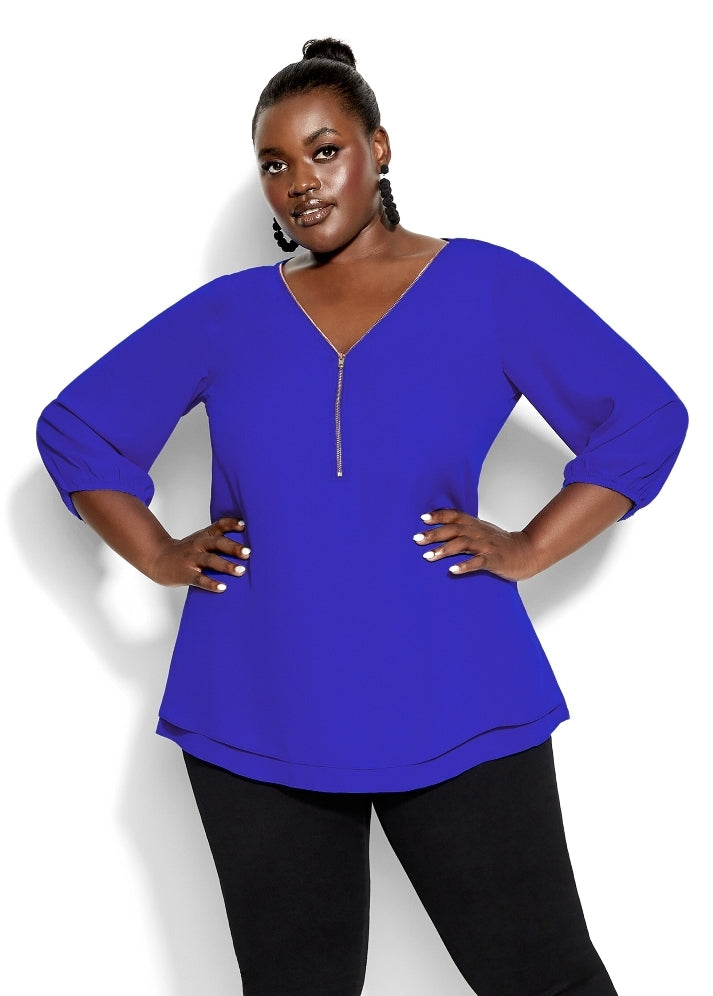 City Chic Large - Blue Zip Sexy Elbow Fling Top With Sleeves