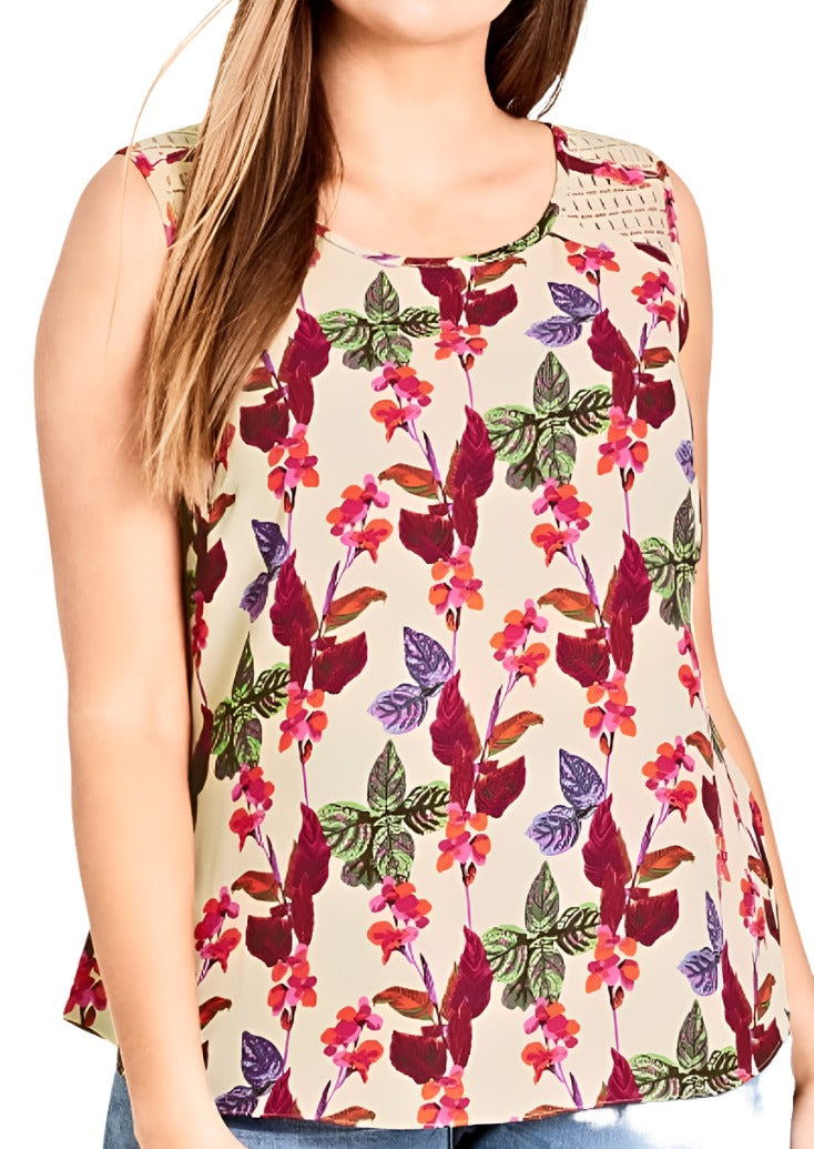 City Chic Large - Beige Floral Cut-Out Shoulder Tank Top
