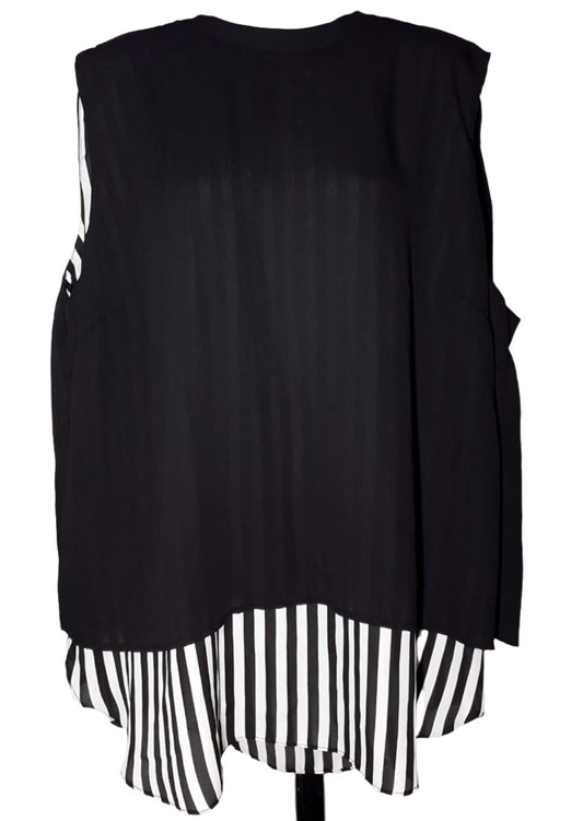 City Chic Large - Black And White Striped Tank Top With Black Chiffon Overlay