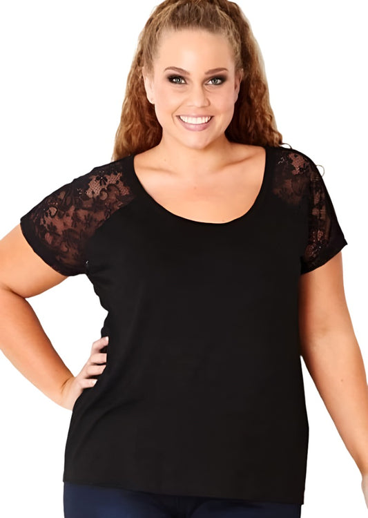 City Chic Large - Black Stretchy Top With Lace Sleeves