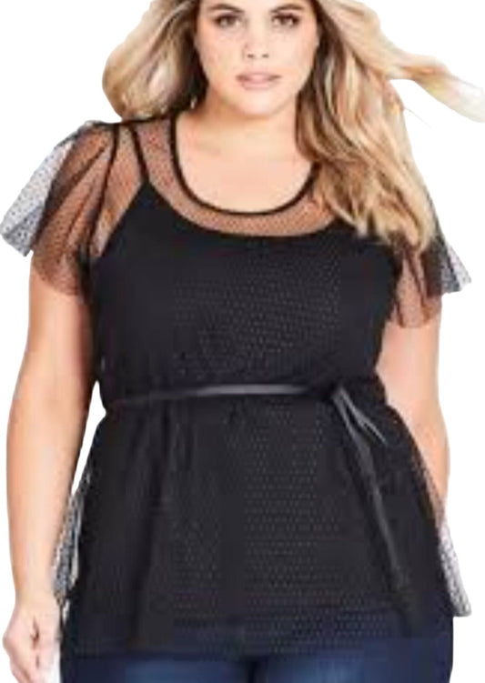 City Chic Large - Black Two Piece Cami And Mesh Overlay Top - No Tie