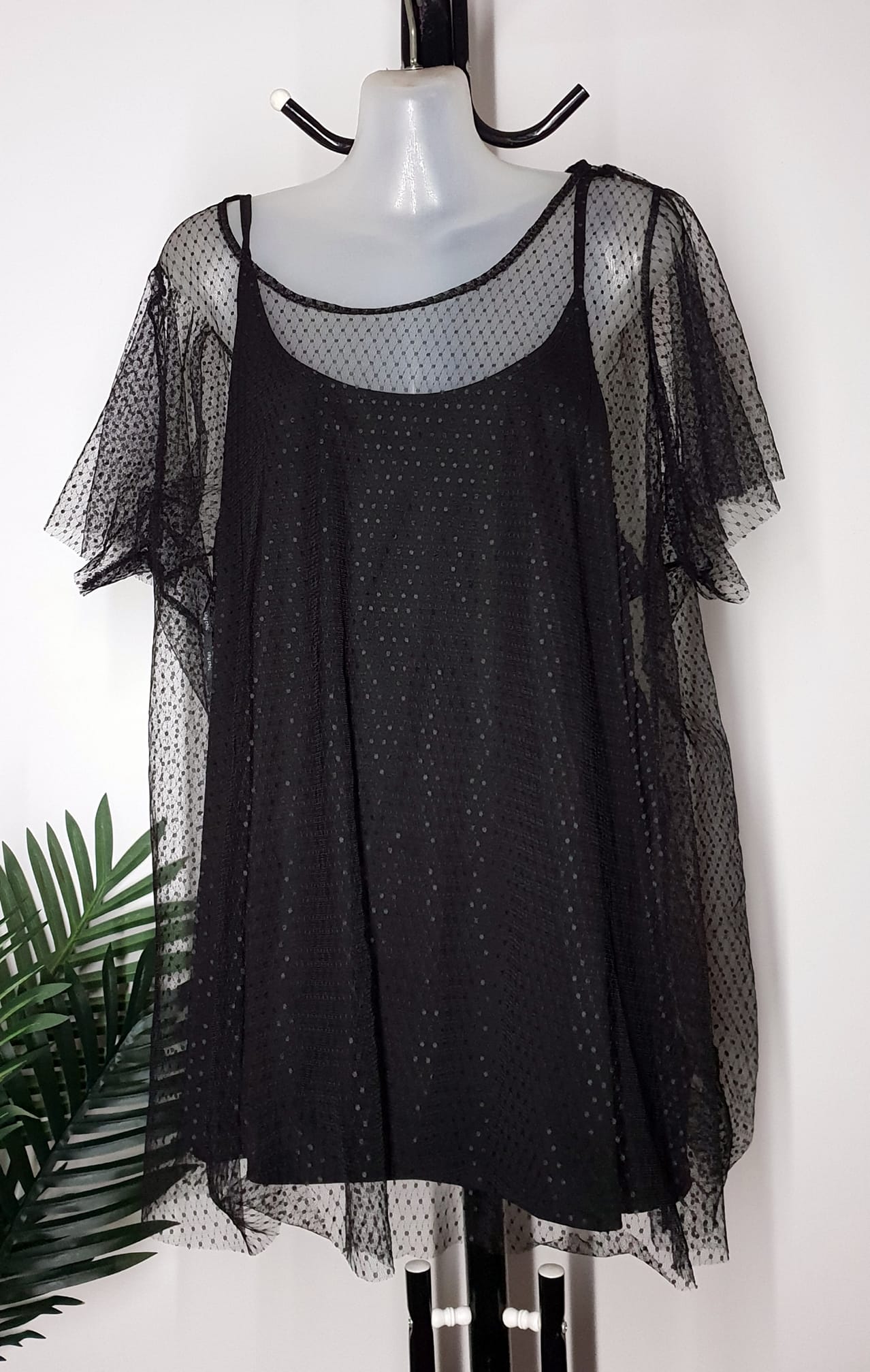 City Chic Large - Black Two Piece Cami And Mesh Overlay Top - No Tie