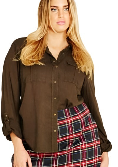 City Chic Large - Button Up Utility Top With Pockets And Cuffed Sleeves