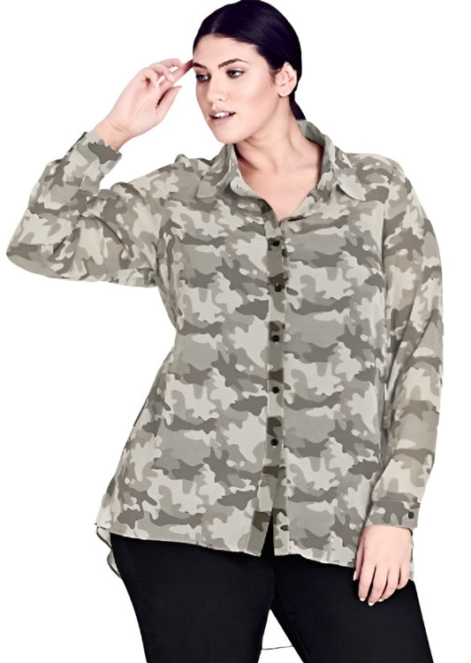 City Chic Large - Sheer Camo Sleeved Button Up Hi Lo Blouse Top
