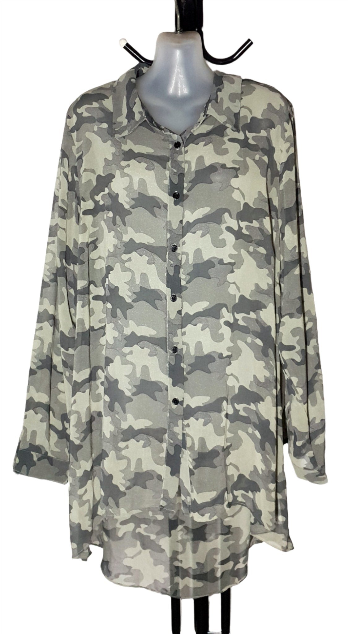 City Chic Large - Sheer Camo Sleeved Button Up Hi Lo Blouse Top