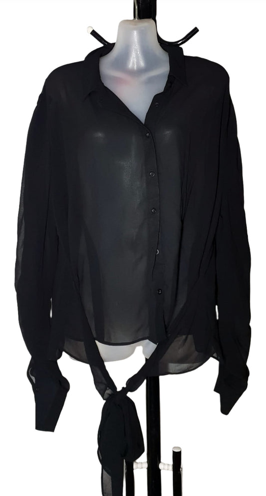 City Chic Large - Black Sheer Sleeved Tie Front Button up Blouse Top