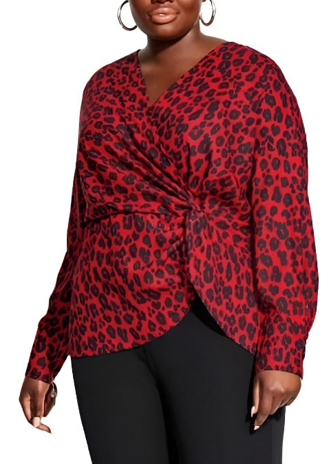 City Chic Large - Red Leopard Print Sleeved Knot Front Top