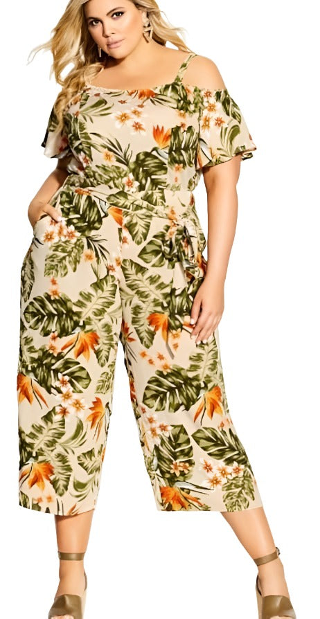 City Chic Large - Sandy Palm Cold Shoulder Wide Leg Jumpsuit With Pockets And Tie