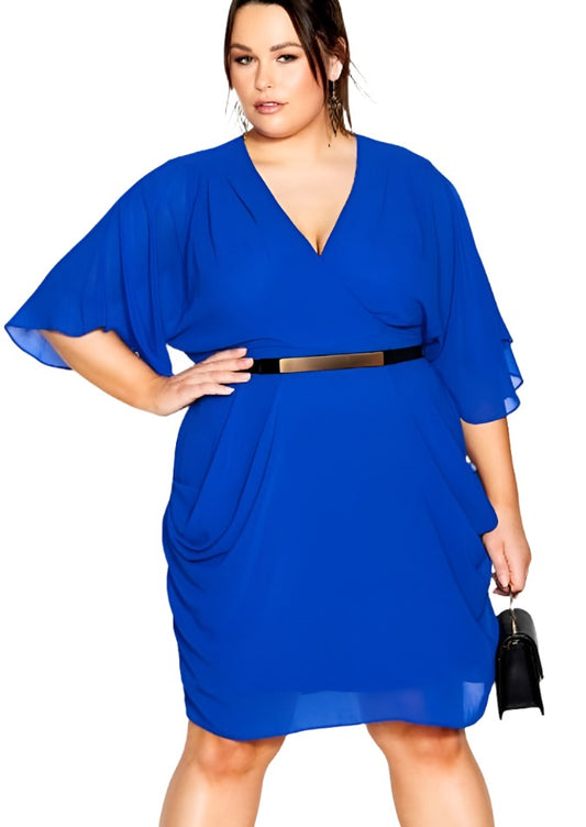 City Chic Large - Blue Chiffon Faux Wrap Dress - Without Belt