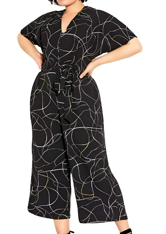 City Chic Large - Black Squiggle Tie Front Wide Leg Jumpsuit