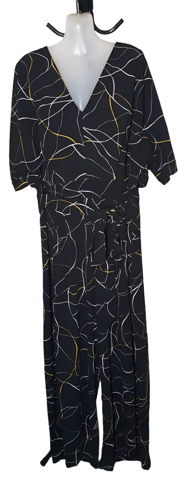 City Chic Large - Black Squiggle Tie Front Wide Leg Jumpsuit