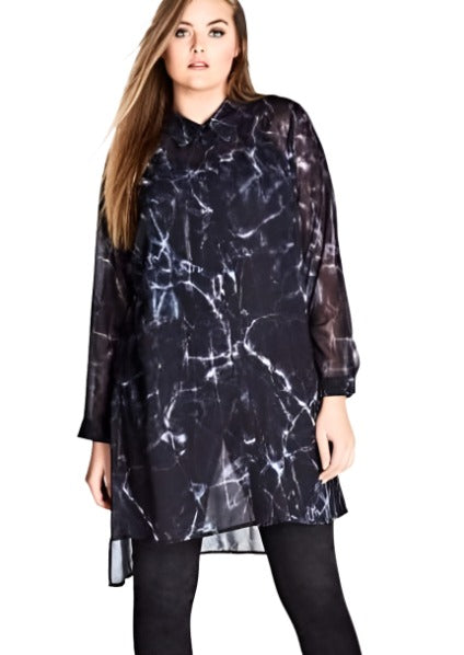 City Chic Medium - Sheer Lightning Tie Dye Hi Lo Button Up Sleeved Tunic Top