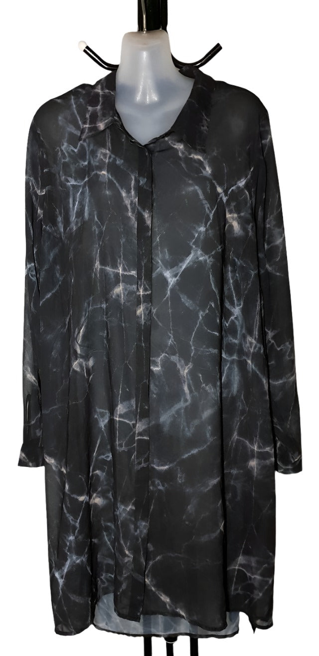 City Chic Medium - Sheer Lightning Tie Dye Hi Lo Button Up Sleeved Tunic Top