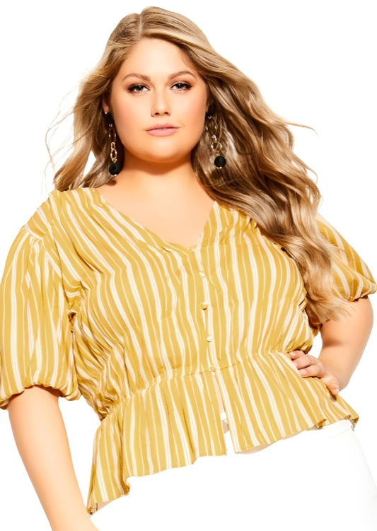 City Chic Medium - Striped Cropped Peplum Top With Bubble Sleeves