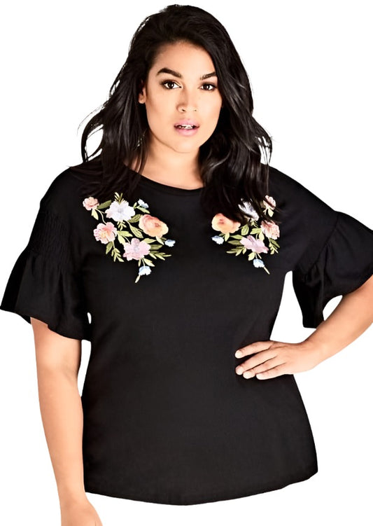 City Chic Medium - Black Floral Frill Sleeve Top
