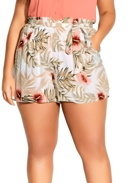 City Chic Medium - Sand Floral Elastic Waist Shorts With Pockets And Tie - Brand New With Tags