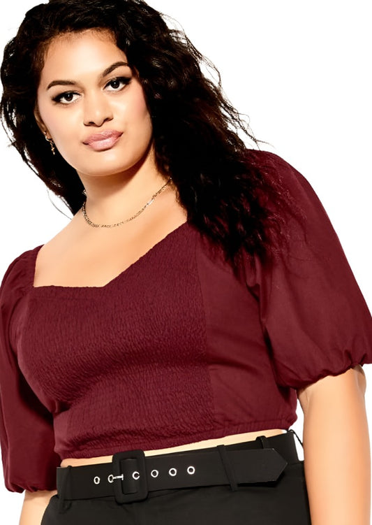 City Chic Medium - Burgundy Bubble Sleeve Ruched Crop Top - Brand New With Tags