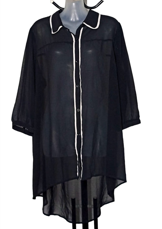City Chic Medium - Black Sheer Button Up Hi Lo Blouse Tunic Top