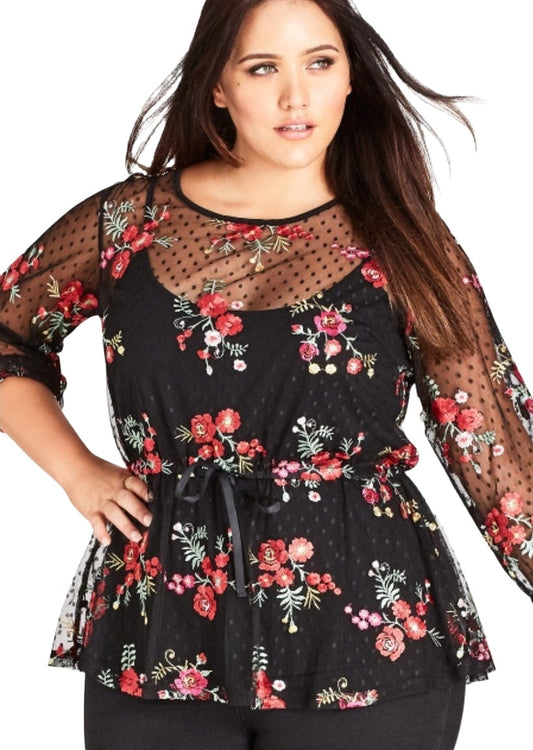 City Chic Medium - Sheer Spotted Floral Embroidered Tie Waist Top
