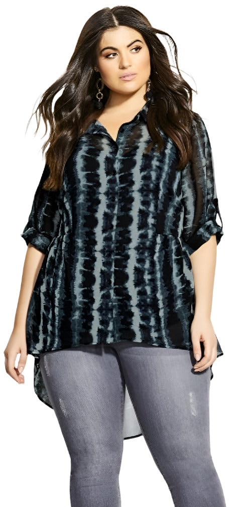 City Chic Medium - Sheer Cuffed Sleeve Button Up Hi Lo Tunic Blouse Top