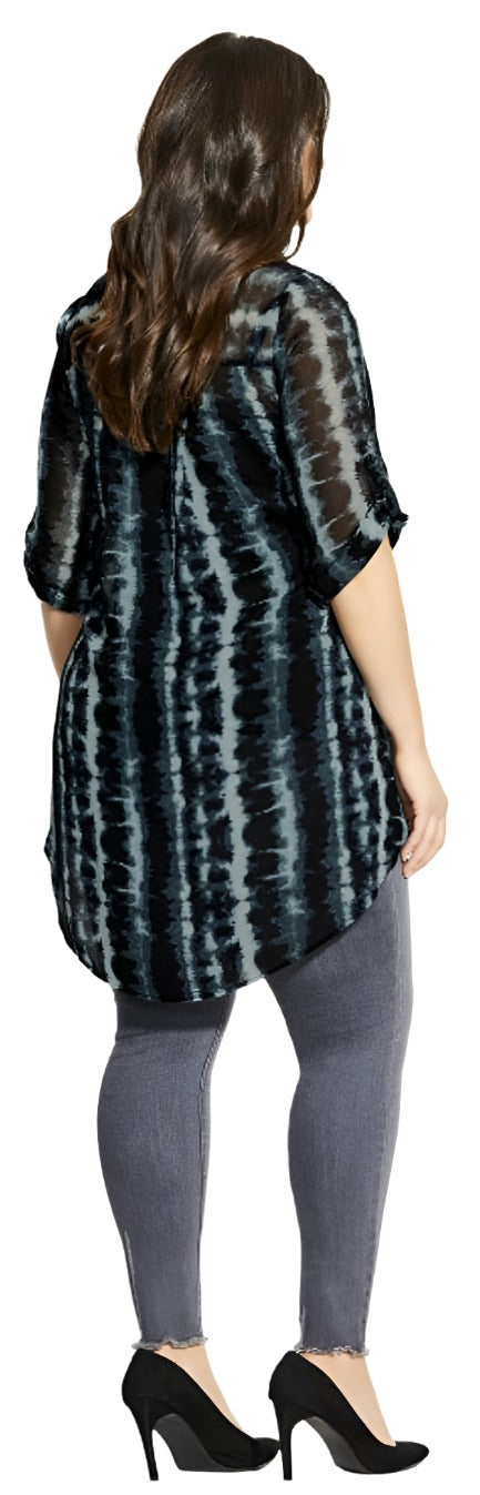 City Chic Medium - Sheer Cuffed Sleeve Button Up Hi Lo Tunic Blouse Top