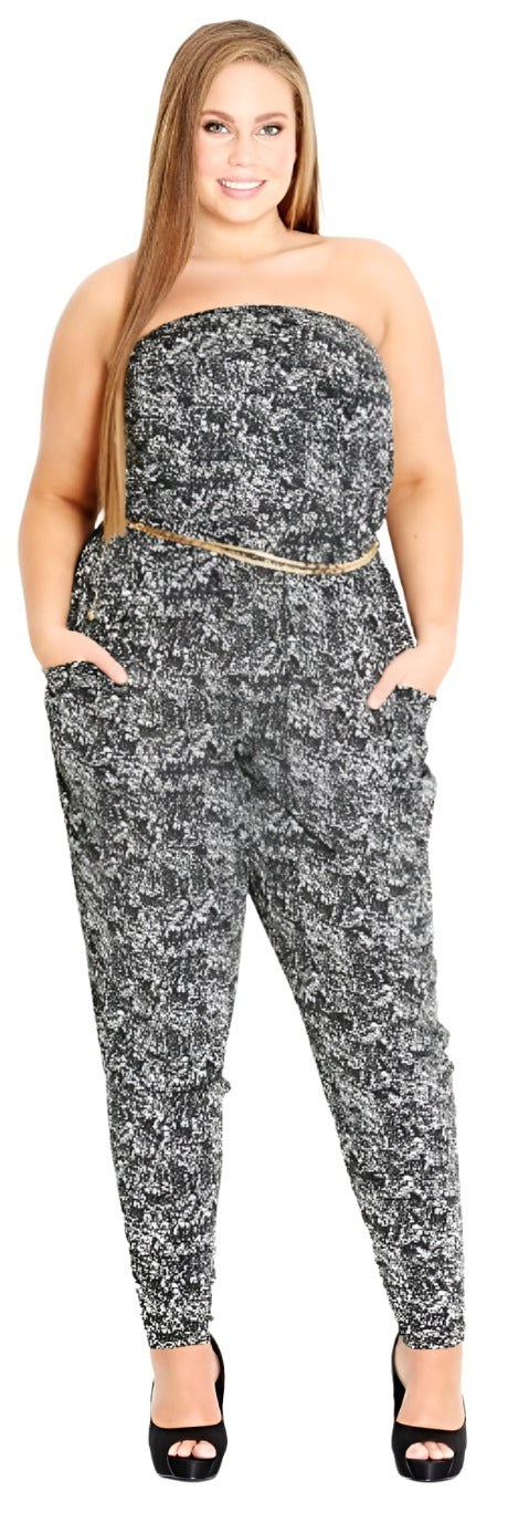 City Chic Medium - Stretchy Black And White Strapless Jumpsuit With Pockets - No Belt