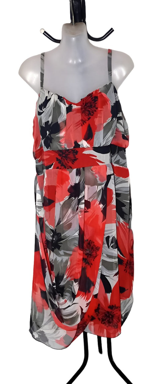 City Chic Medium - Red Black White Gray Floral Chiffon Overlay Dress