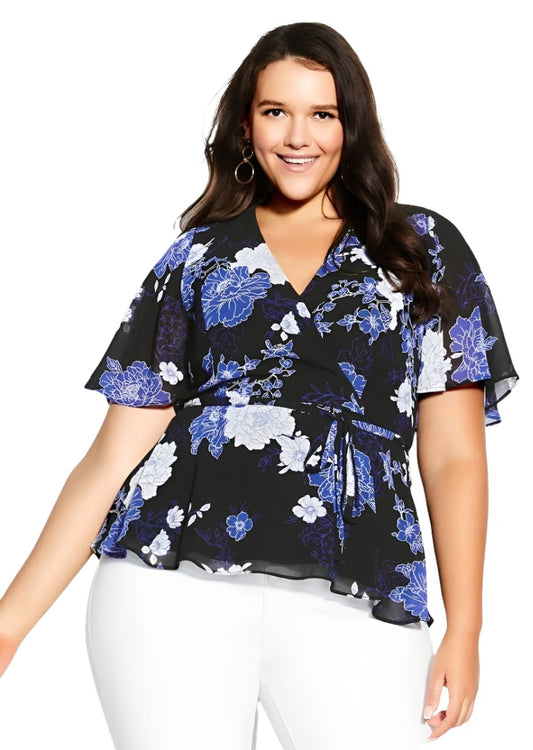 City Chic Medium - Blue Floral Chiffon Wrap Top