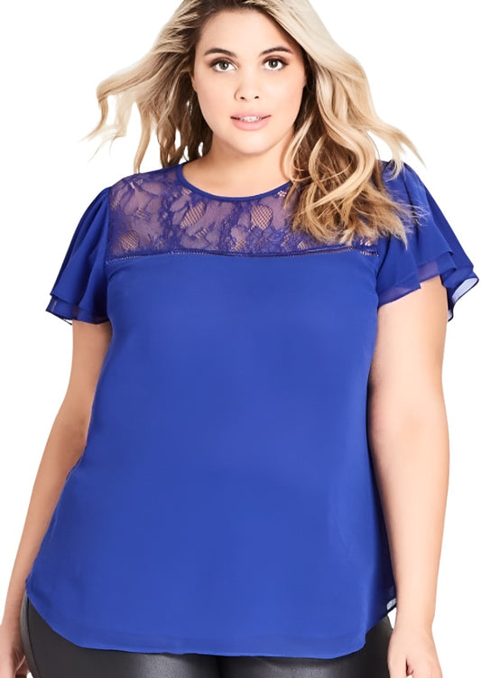 City Chic Small - Blue Lace Panel Frill Sleeve Top