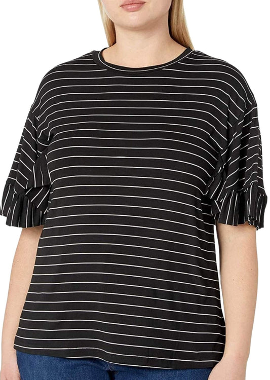 City Chic XL - Black And White Striped Frill Sleeve Top