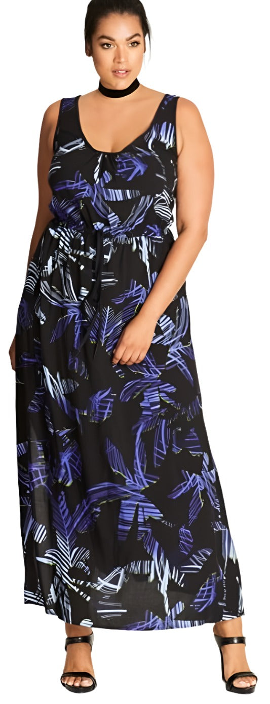 City Chic XL - Black And Purple Elastic Waist Maxi Dress With Drawstring